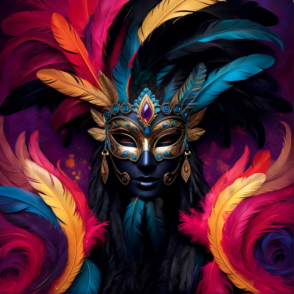 Vibrant Feathered Mask with Jewels and Gold Accents