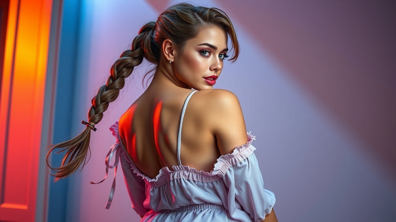 Young Woman in Off-Shoulder Top with Elegant Braid