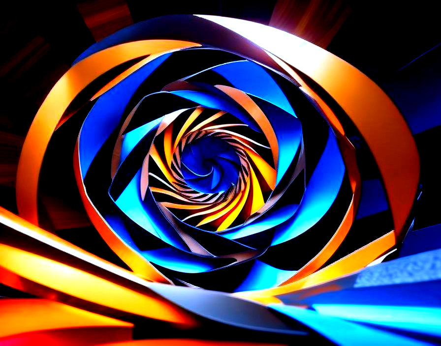 Vibrant Spiral of Intertwining Blue, Orange, and Black