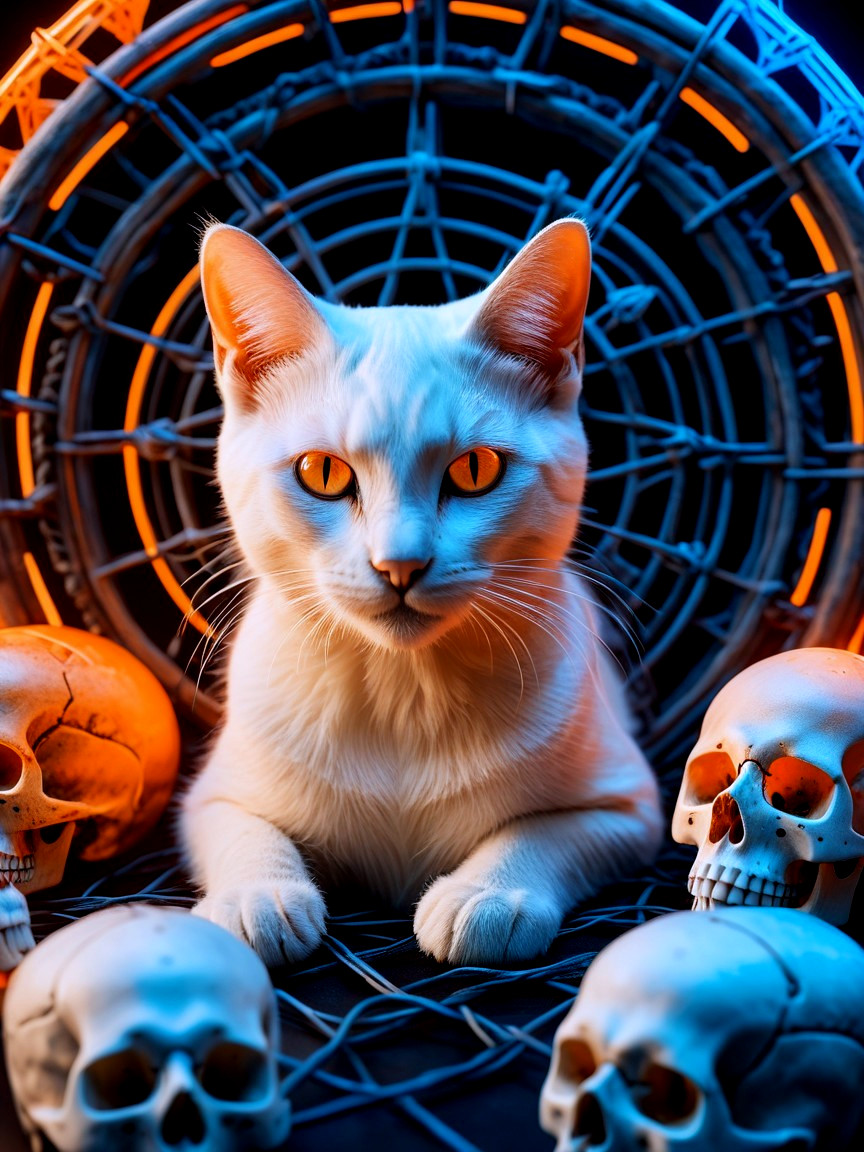 Majestic white cat with orange eyes and skulls backdrop