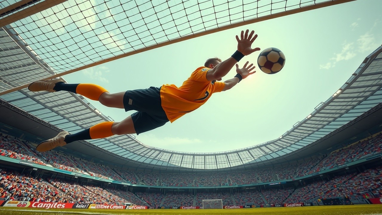 Goalkeeper Making Dramatic Save in Lively Soccer Match