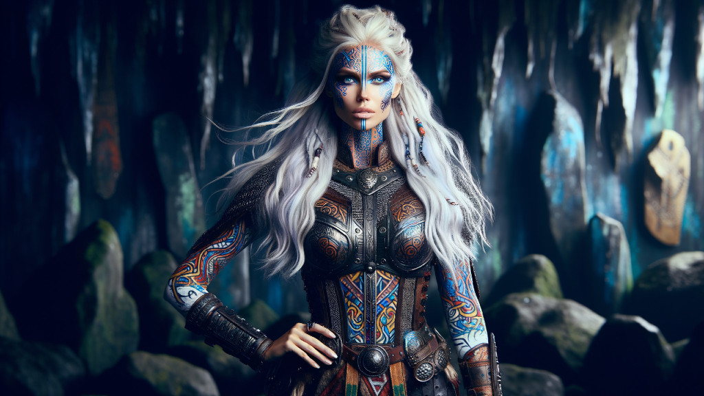 Fierce warrior in mystical cave with tribal face paint