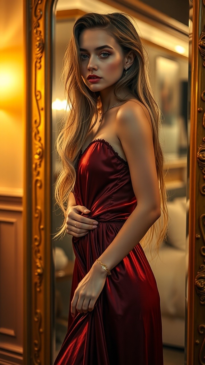 Young Woman in Red Gown Before Ornate Mirror