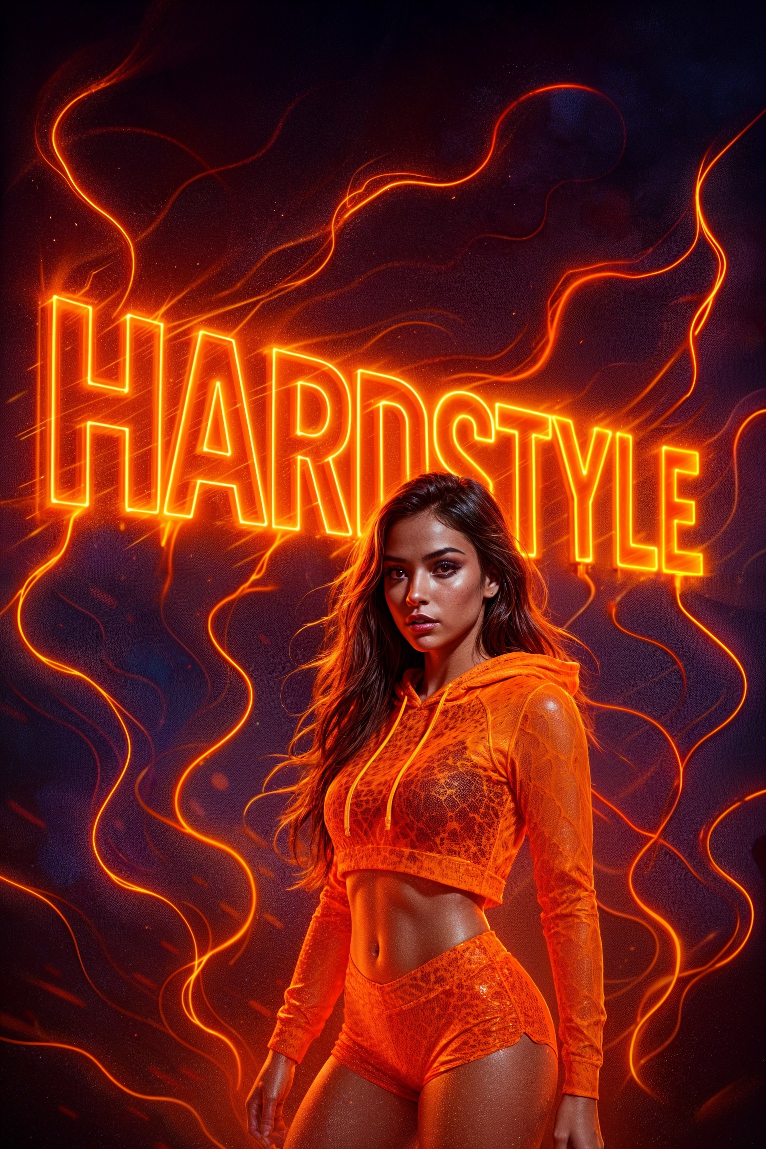 Stylish Woman in Orange Outfit with Neon Effects