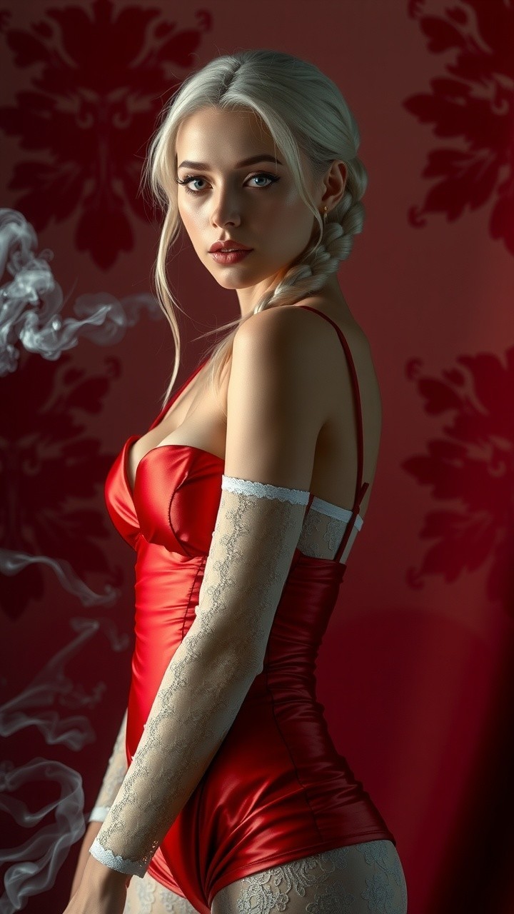 Elegant woman in red bodysuit with lace details