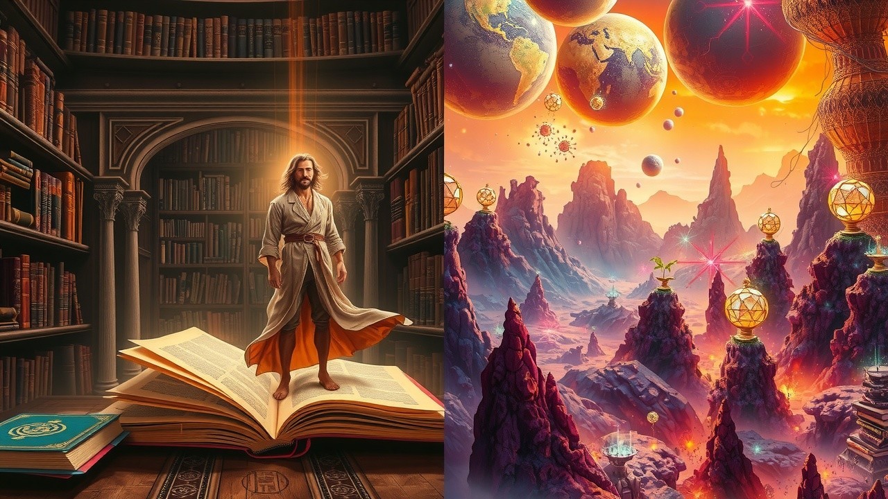 Split Scene of Grand Library and Cosmic Landscape