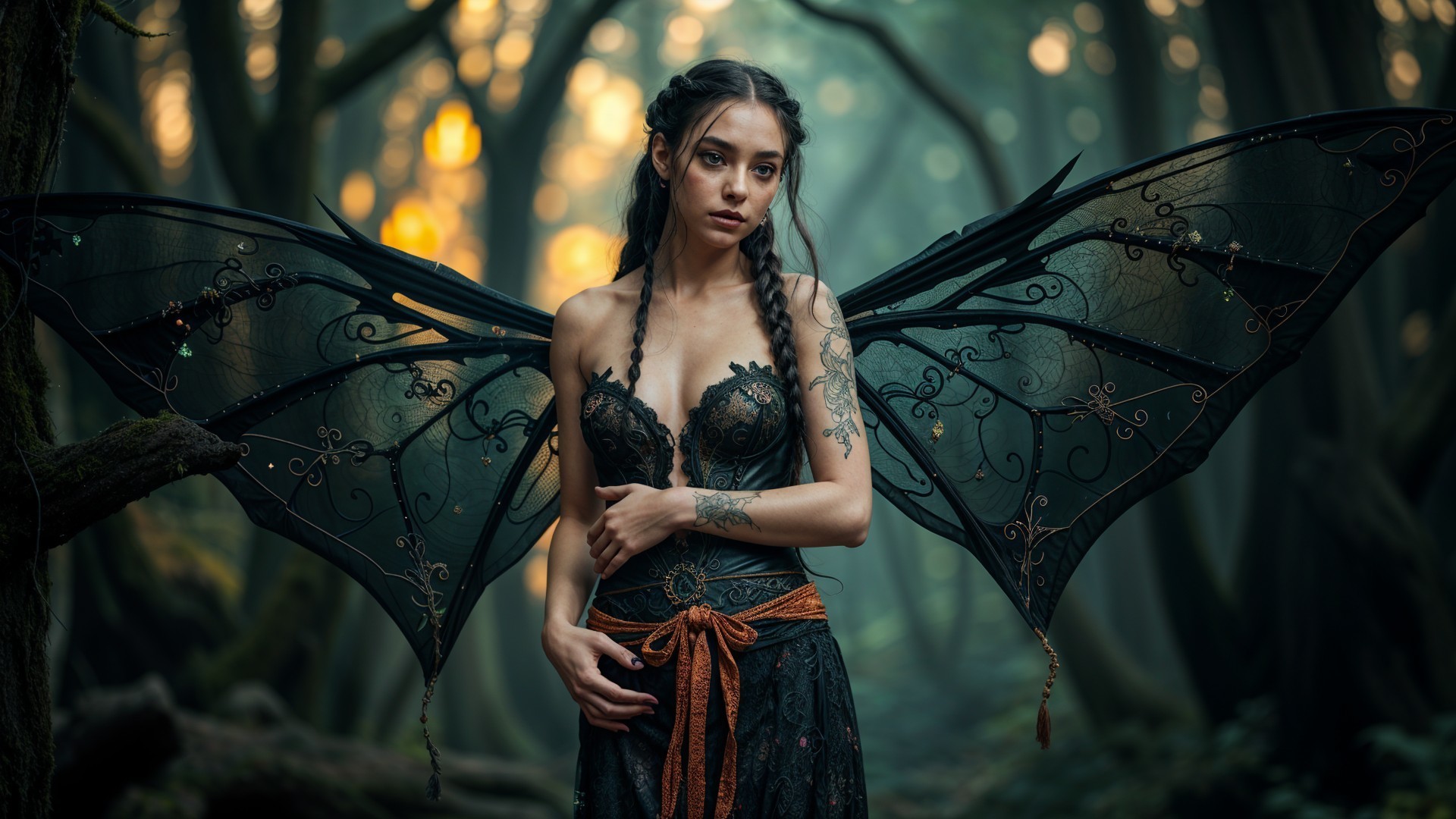 Mystical Forest Scene with Woman and Dark Wings
