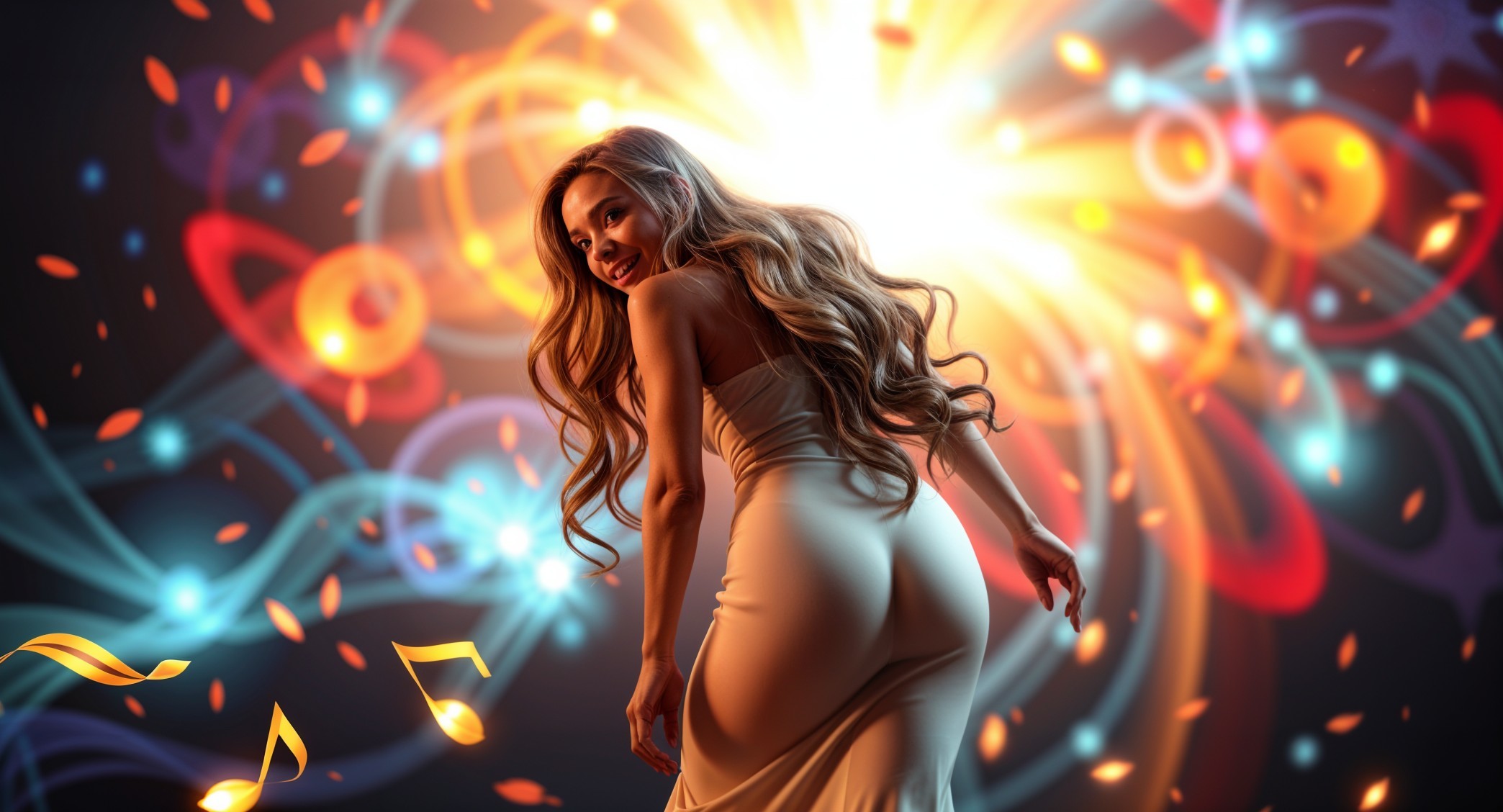 Woman in flowing dress against vibrant musical backdrop