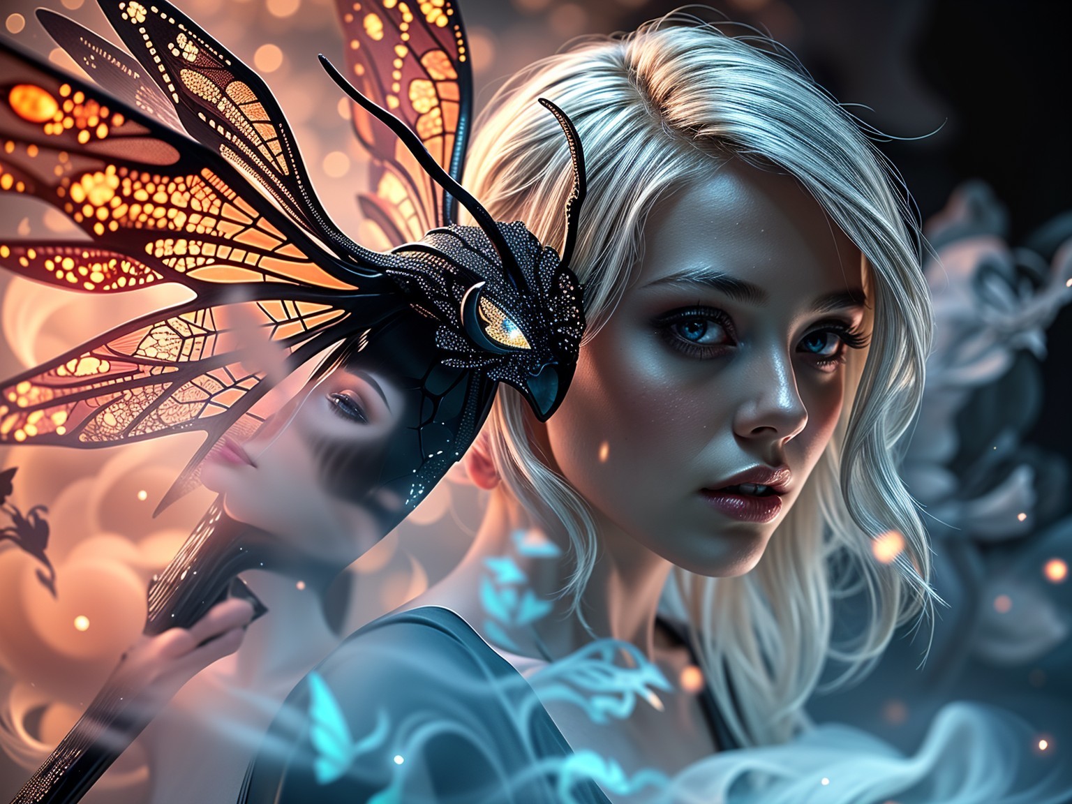 Mystical figure with blue eyes and butterfly mask
