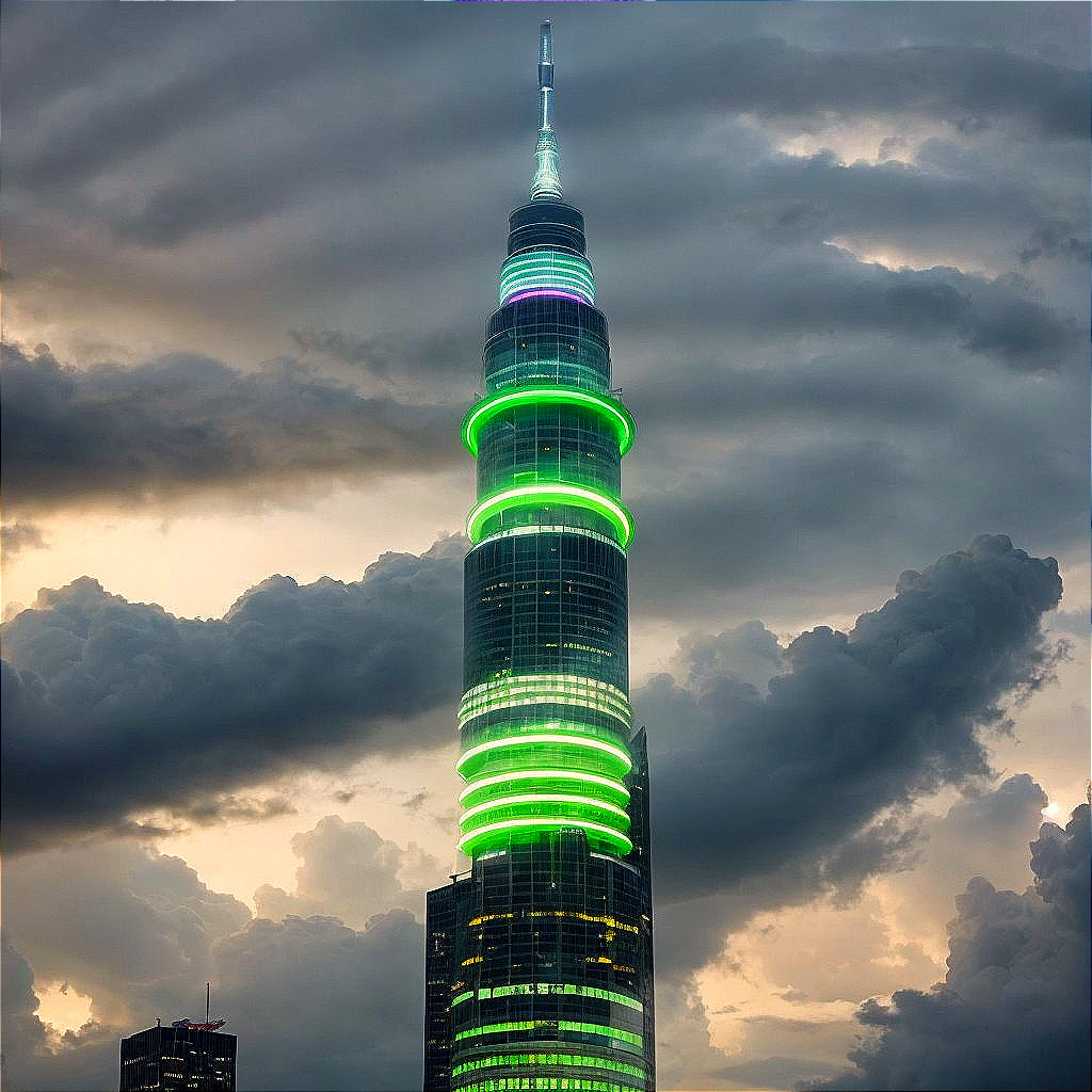 Skyscraper with Green Lights Against Dark Clouds
