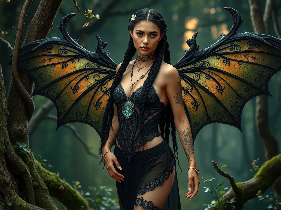 Mystical Figure with Dragonfly Wings in Lush Forest