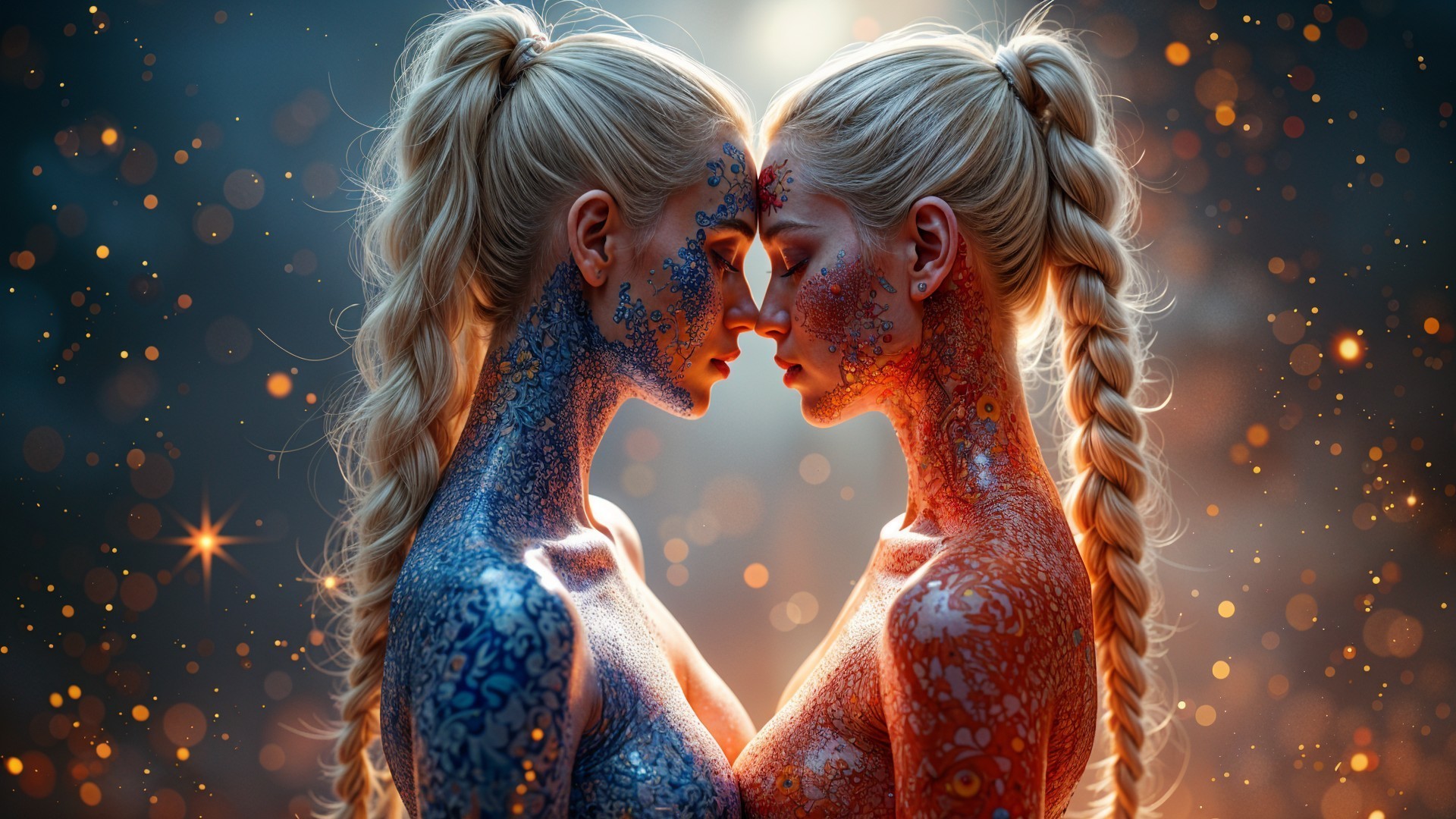 Identical Twins with Body Paint in Contrasting Colors