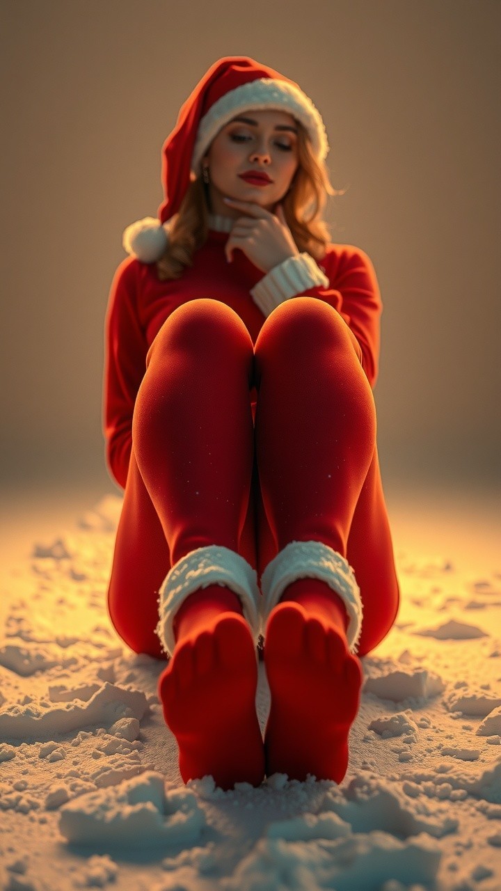 Woman in festive red outfit in snowy holiday setting