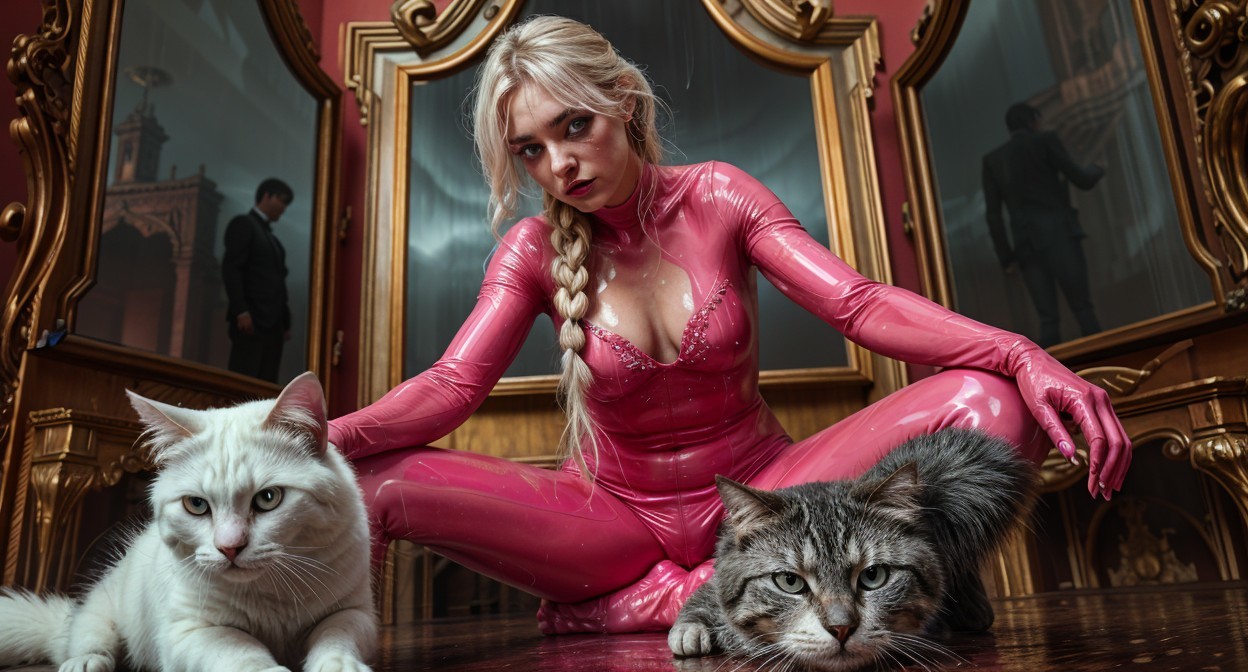 Woman in Pink Catsuit with Cats in Ornate Setting