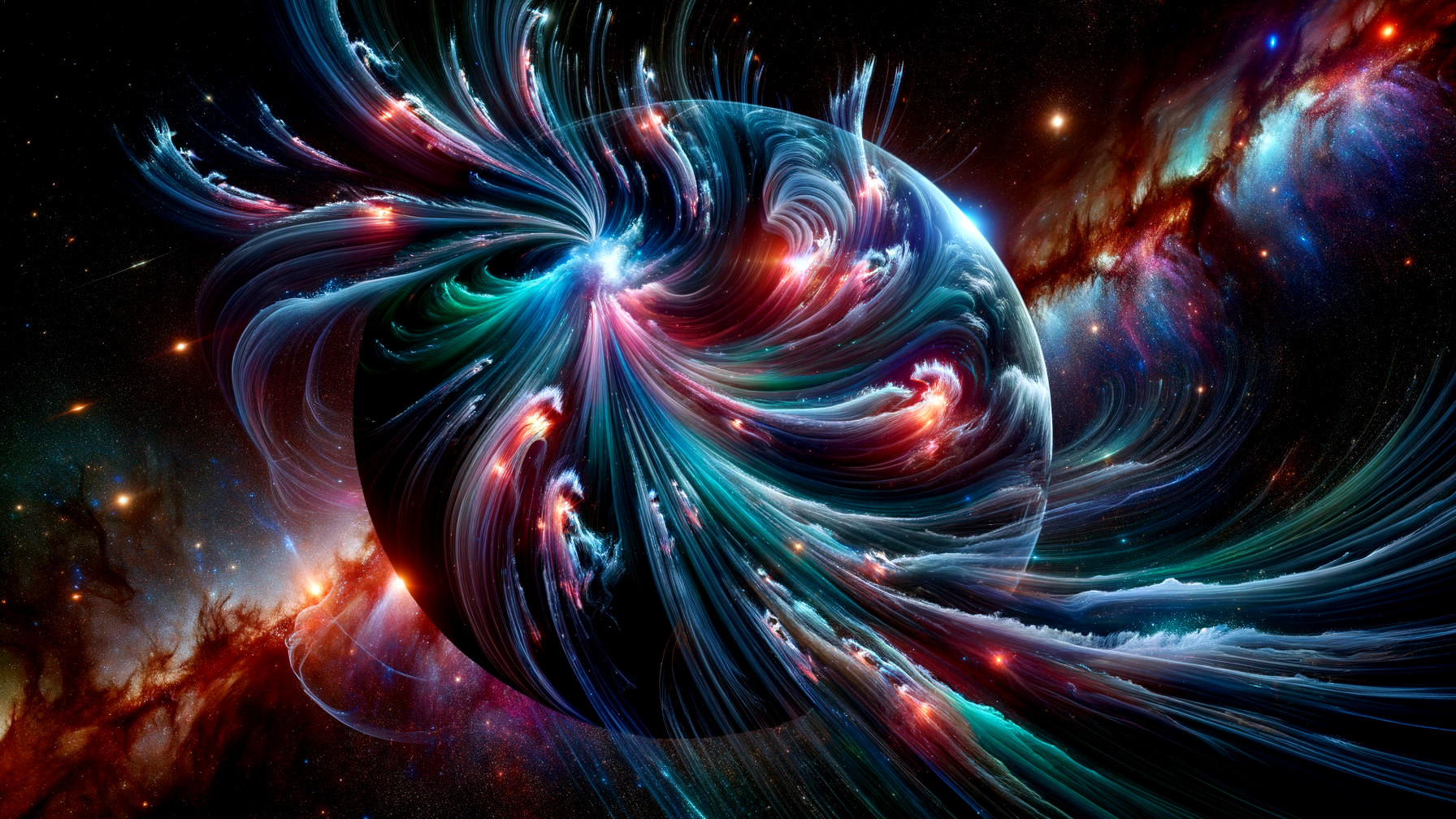 Swirling Cosmic Sphere Surrounded by Vibrant Galaxy