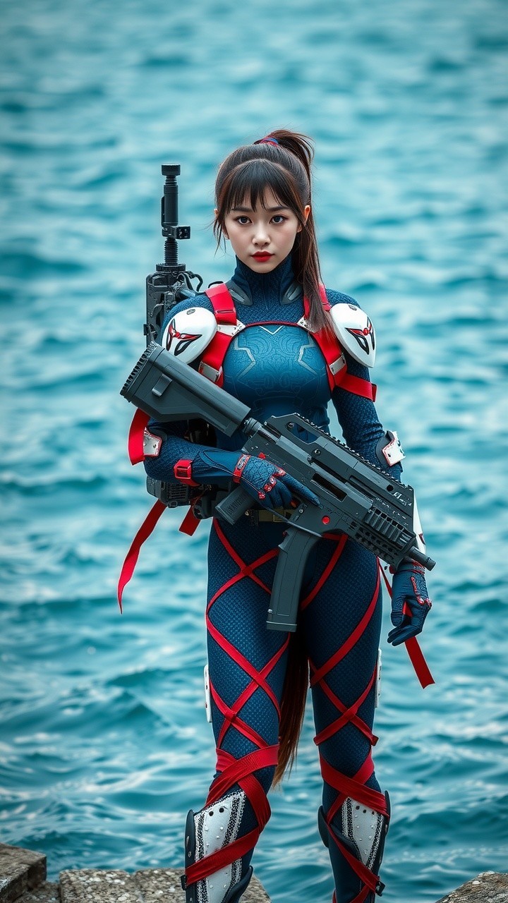Futuristic Female Character in Armored Bodysuit by Water