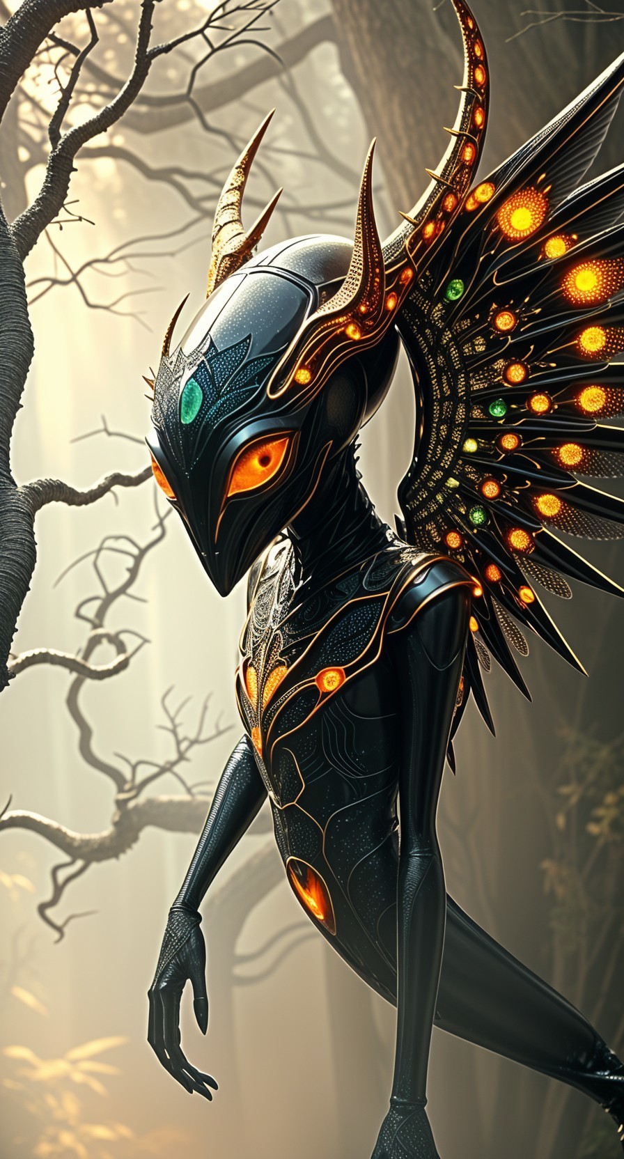 Humanoid Figure with Glossy Skin in Misty Forest