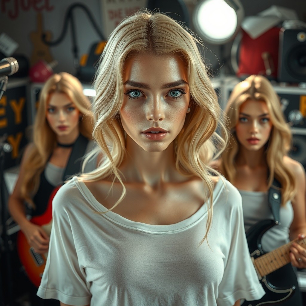 Dynamic Music Studio with Striking Young Woman and Instruments