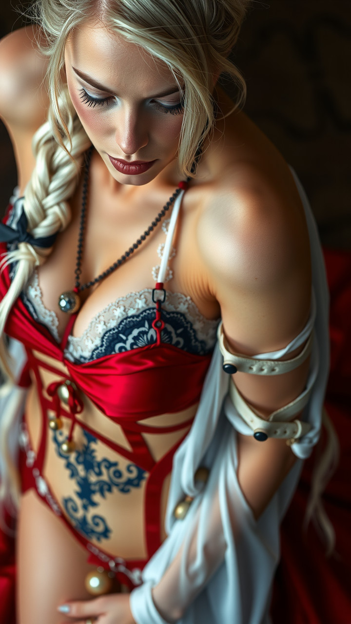 Close-up Portrait of Woman in Red and White Outfit