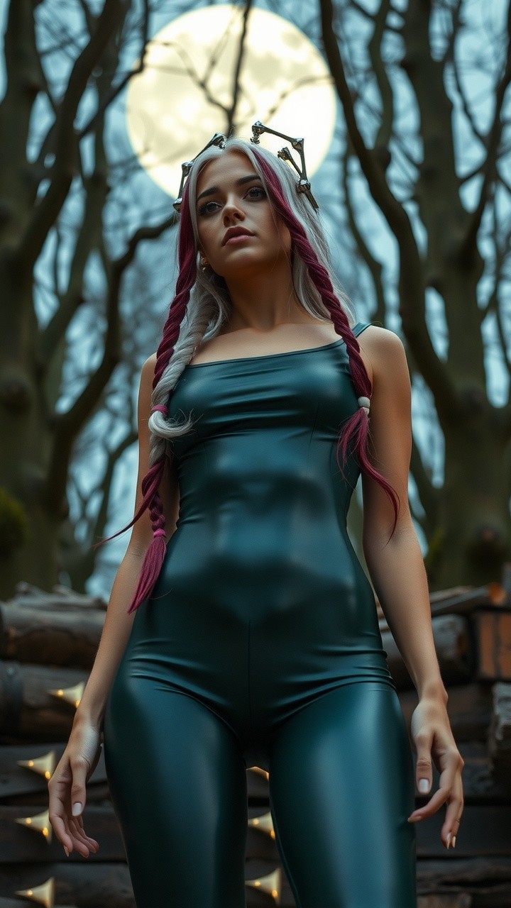 Confident Figure in Dark Green Outfit Under Full Moon