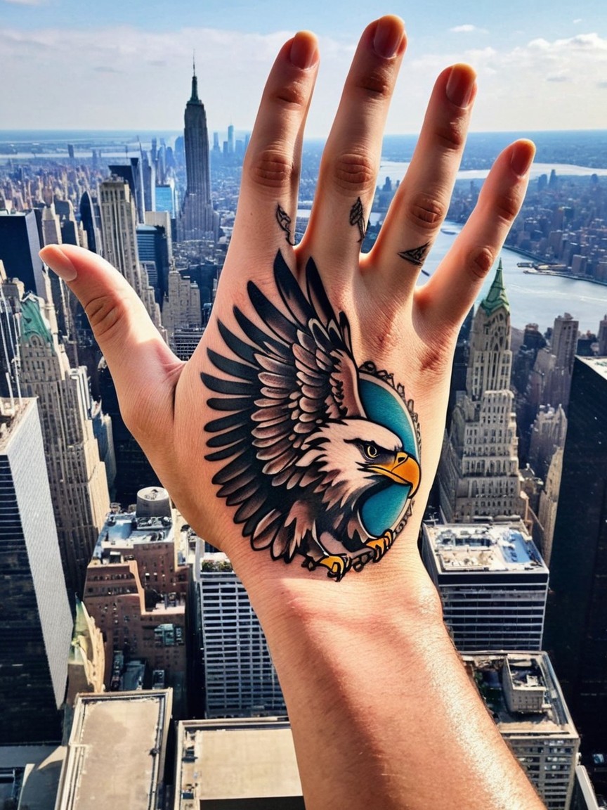Eagle Head Tattoo on Hand with City Background
