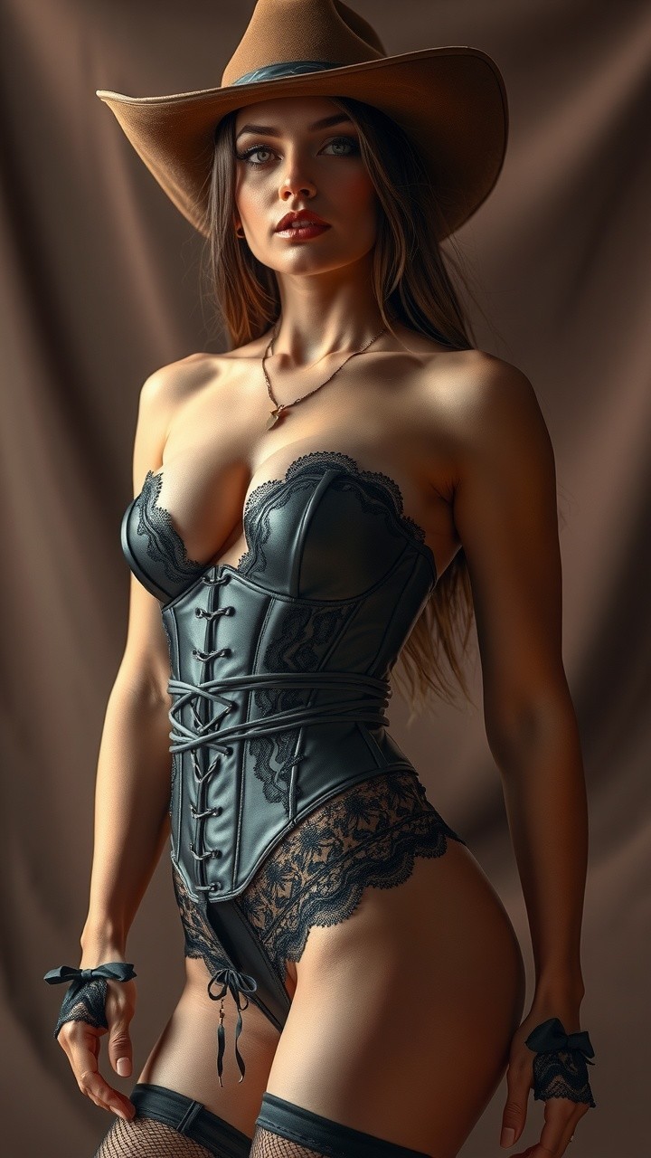 Confident Woman in Black Leather Corset and Hat