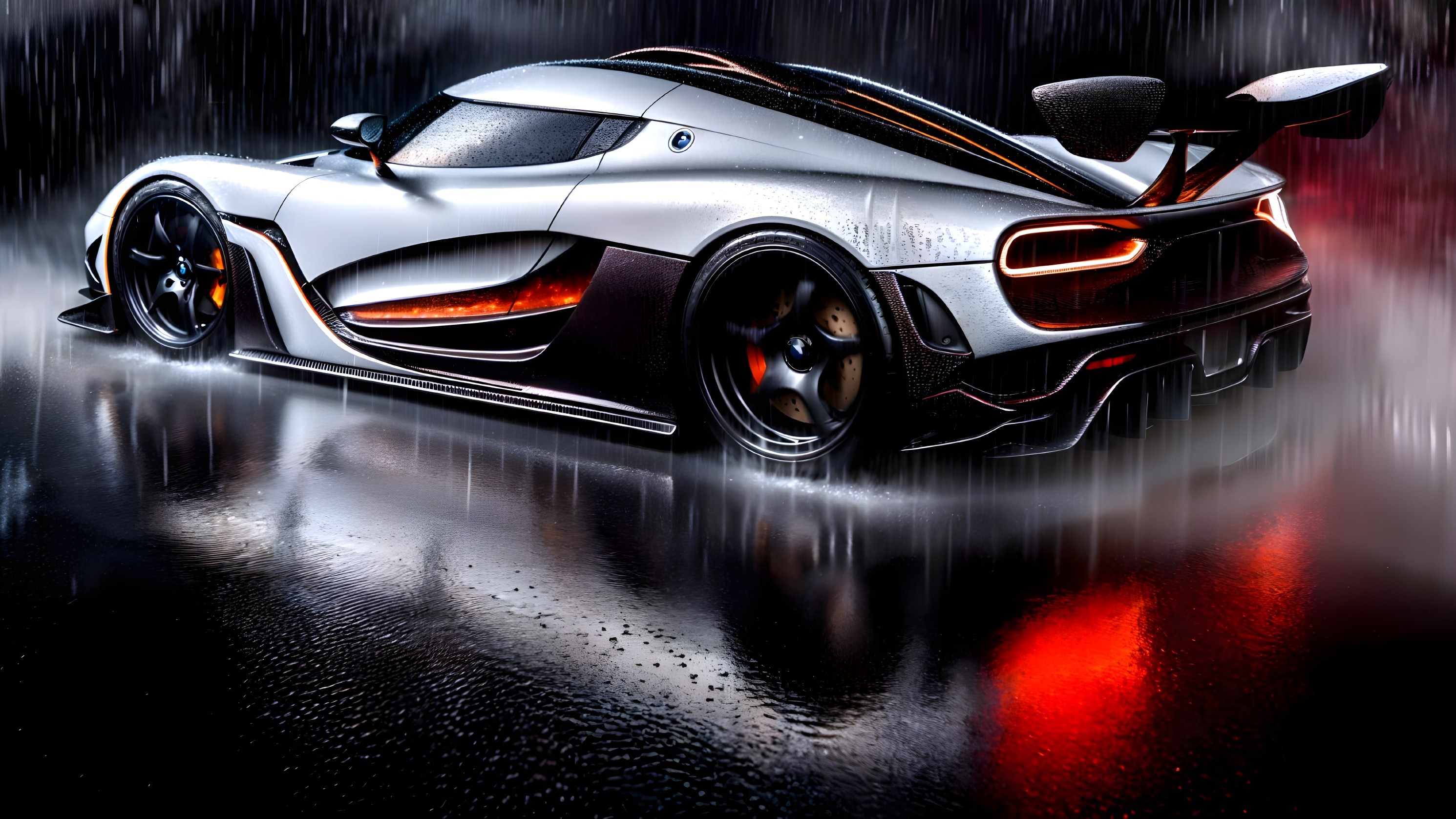 Futuristic hypercar in rain-soaked urban setting