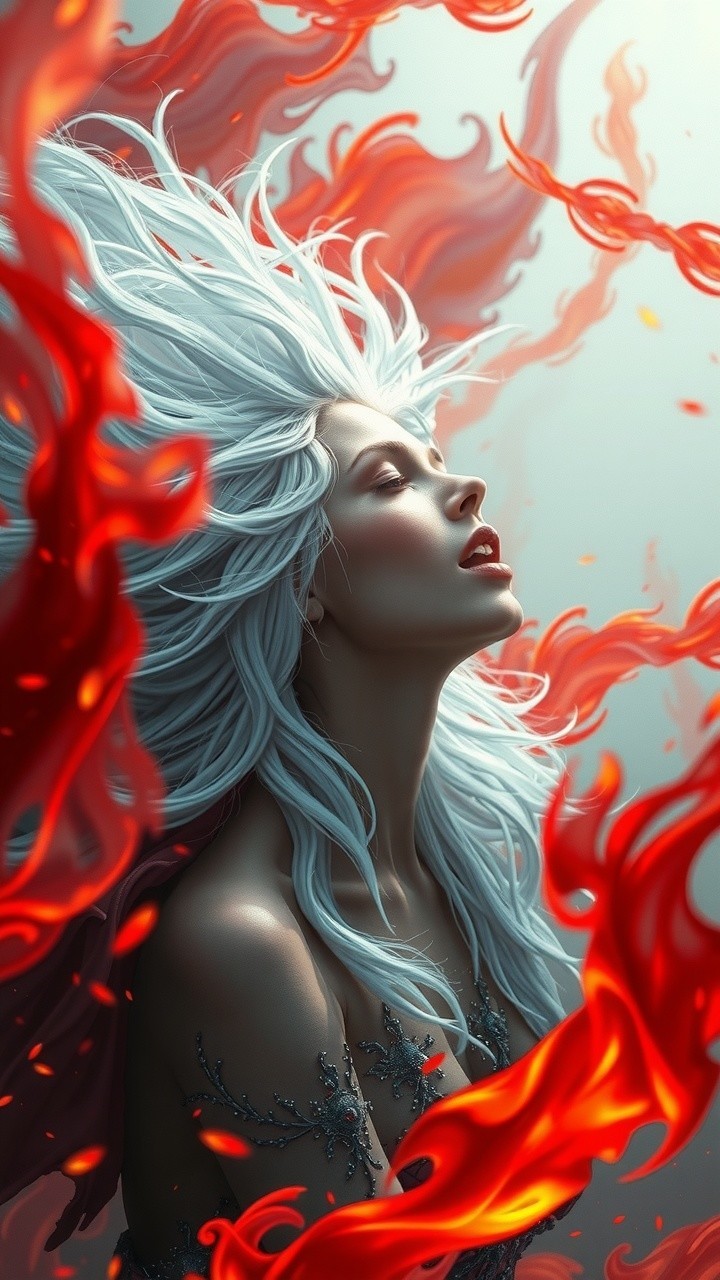 Portrait of a woman with white hair and swirling flames