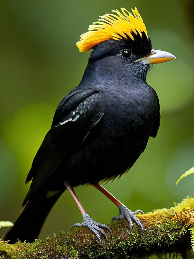 Black Bird with Yellow Crest on Mossy Branch