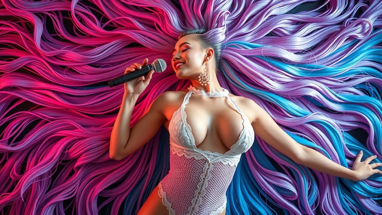 Confident Singer on Colorful Hair Backdrop