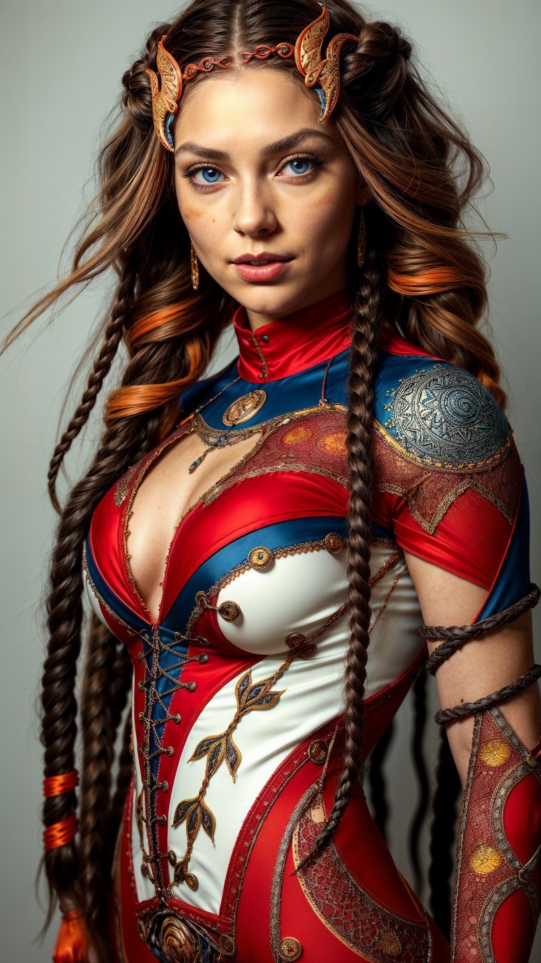 Striking Woman in Vibrant Traditional-Futuristic Outfit