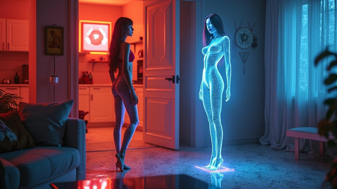 Holographic Figure in a Futuristic Room Setting