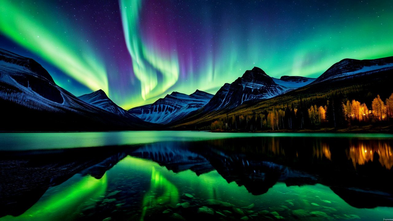 Northern Lights Over a Mountain Lake Landscape