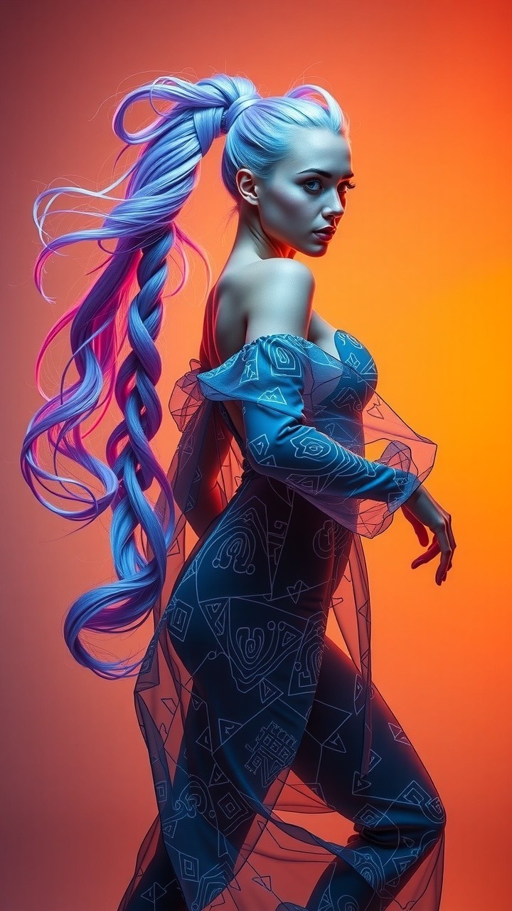 Vibrant Figure with Blue Hair Against Gradient Background