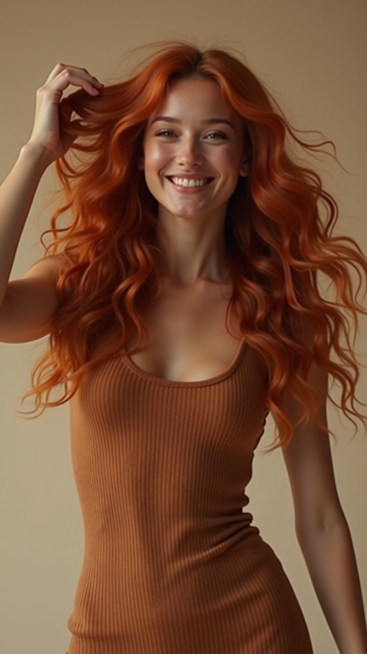 Joyful woman with red hair in brown dress against neutral backdrop