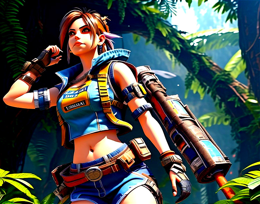 Confident Female Character in Vibrant Jungle Setting