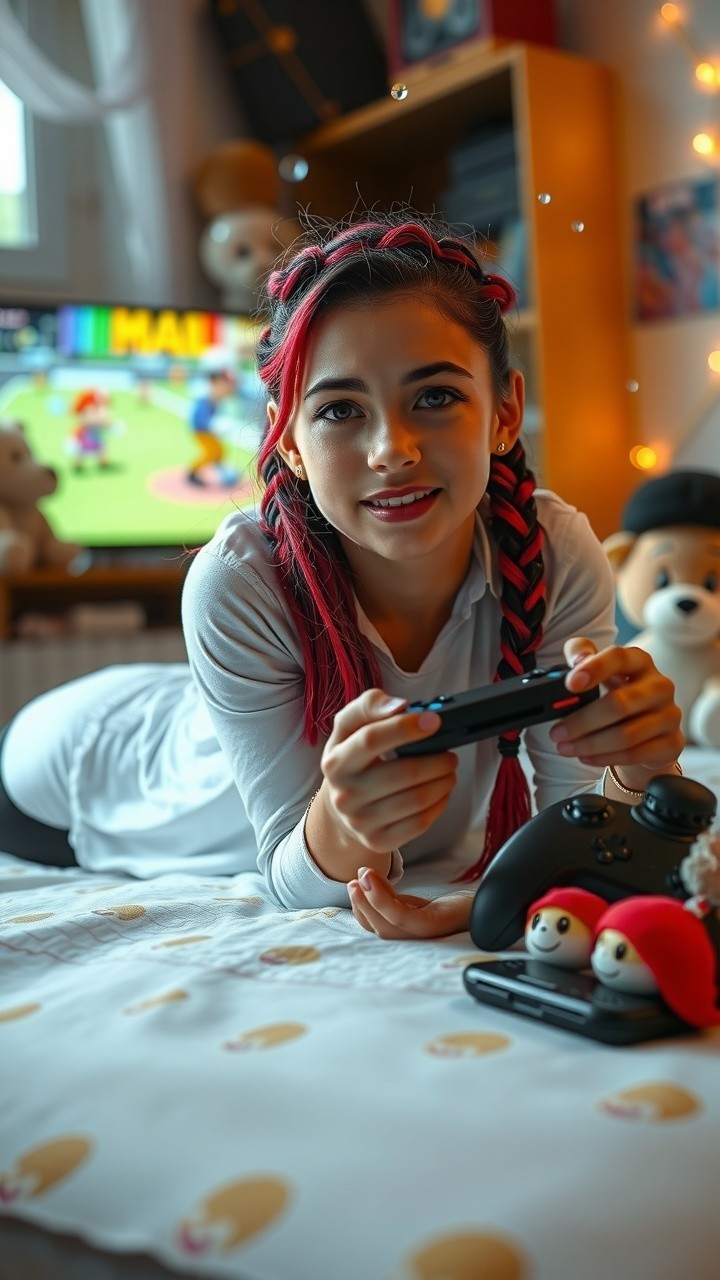 Cozy Bedroom Scene with Girl Playing Video Games