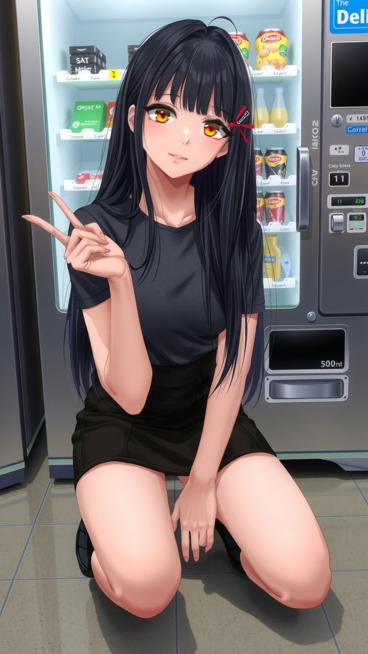 Young woman poses by a vending machine with snacks