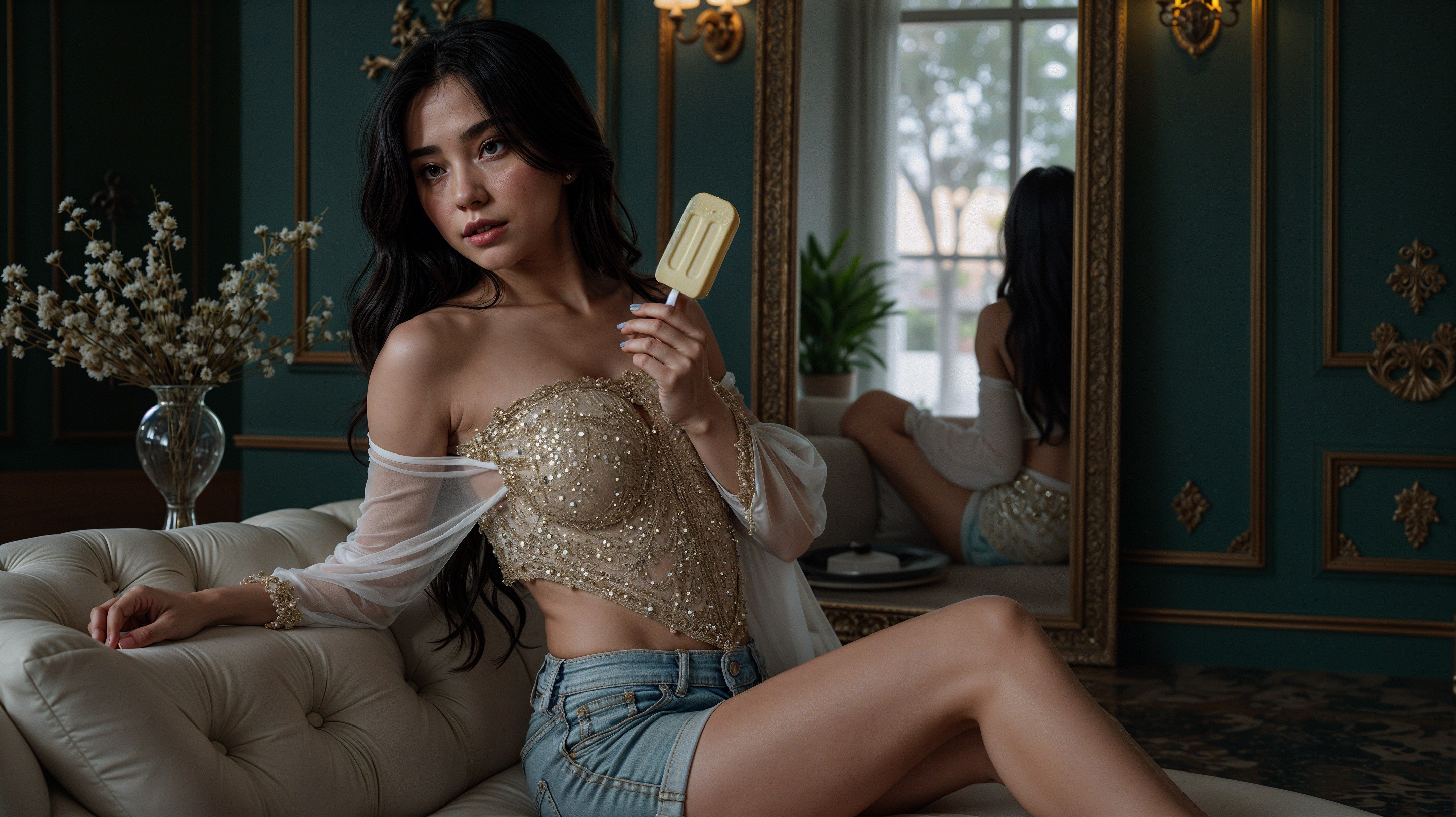 Young woman on sofa with popsicle in elegant room