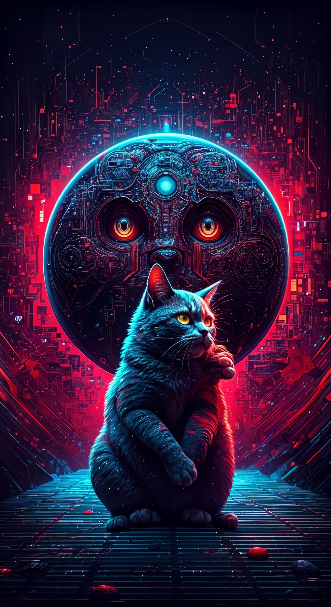 Futuristic Cybernetic Cat with Mechanical Moon Scene
