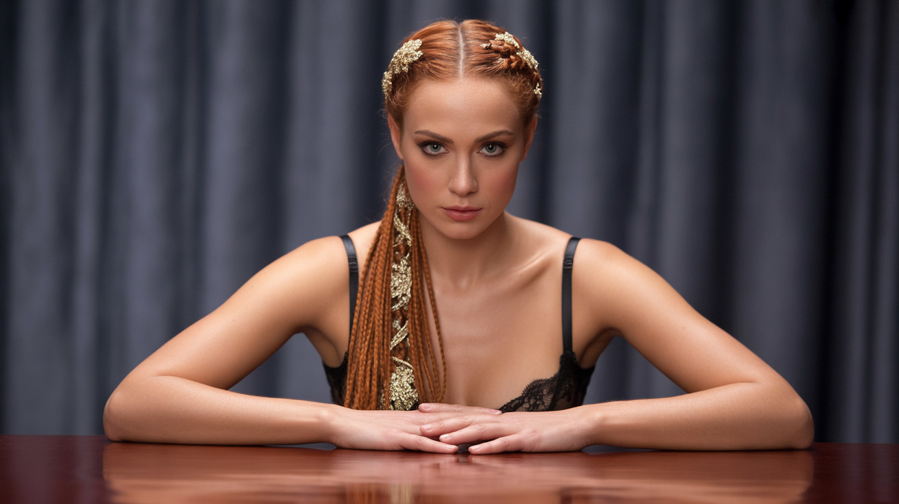 Elegant Woman at Wooden Table with Floral Details