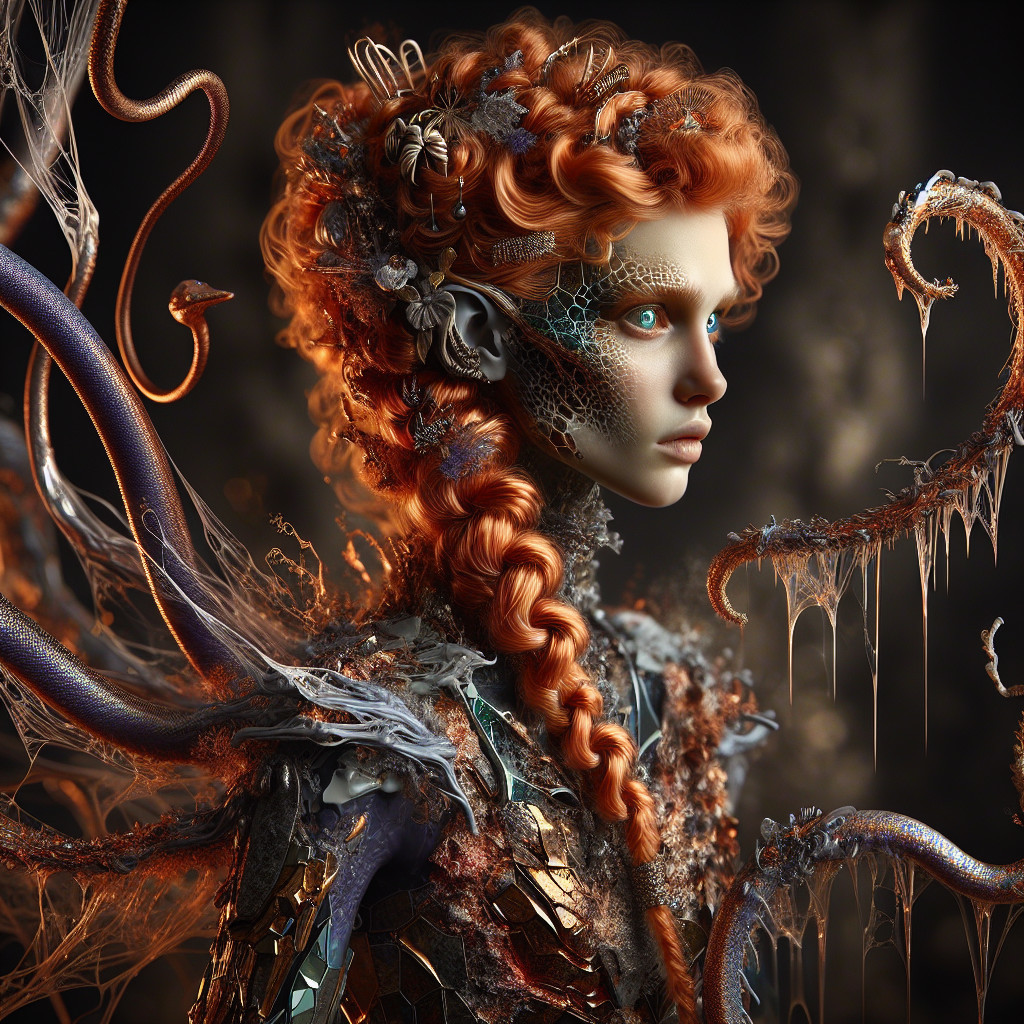 Fantasy Character with Orange Braids and Iridescent Armor