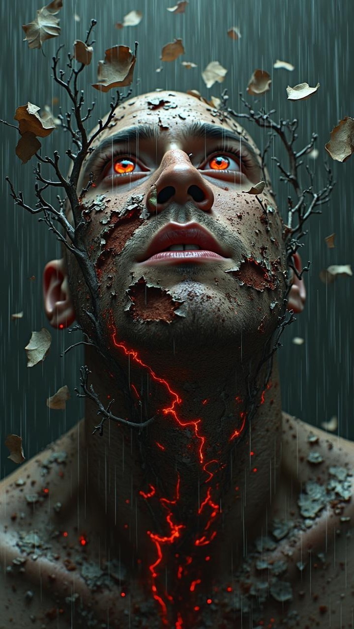 Surreal figure with stone texture and glowing features