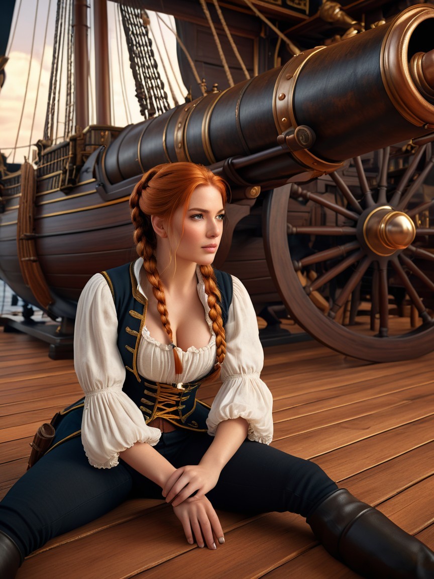 Young Woman in Pirate-Inspired Outfit on Historic Ship