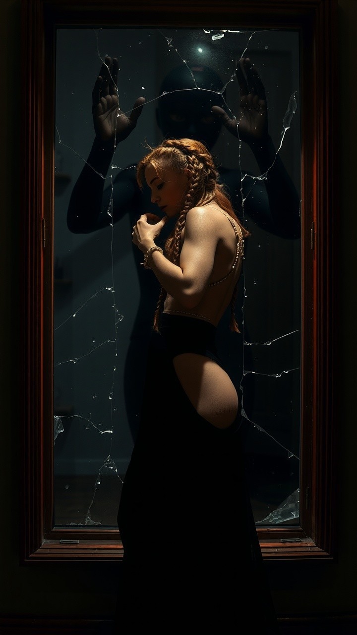 Dramatic Scene of Woman by Shattered Window