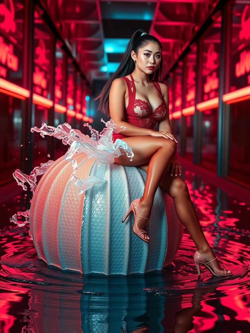 Individual Posing on Inflatable Ball with Vibrant Lighting
