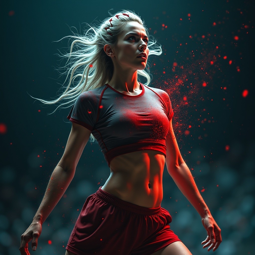 Athlete in Red Outfit with Dynamic Pose and Crowd Background