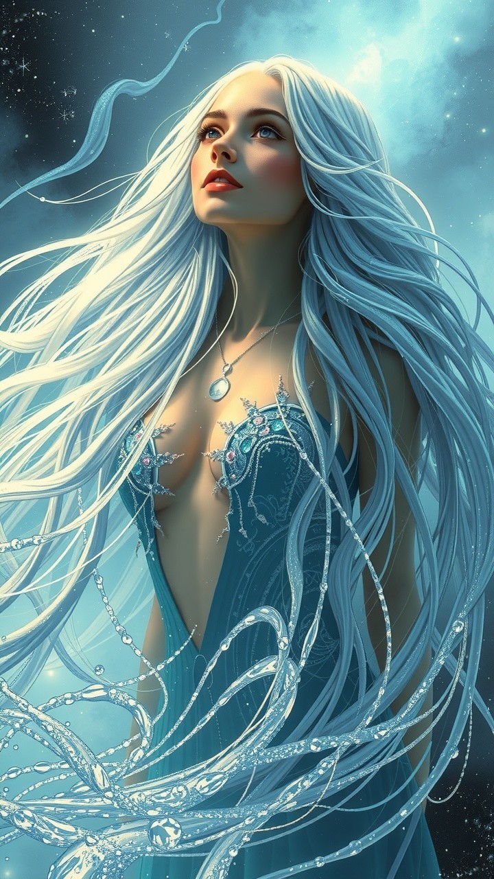Mythical figure with white hair in starry backdrop
