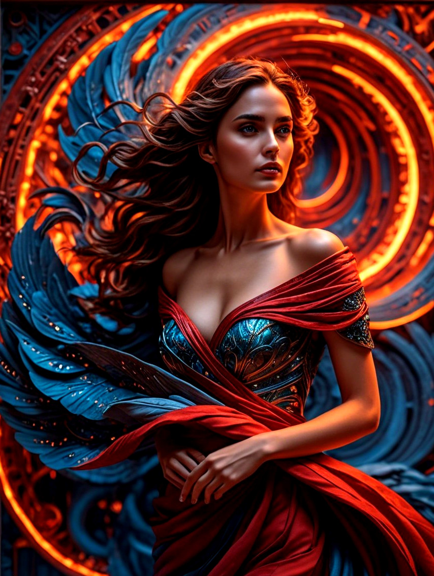 Portrait of a Woman in Red Gown with Dramatic Background