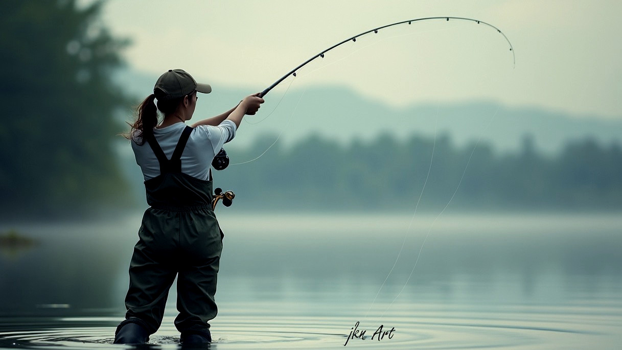 Person Fishing in Calm Water at Misty Morning